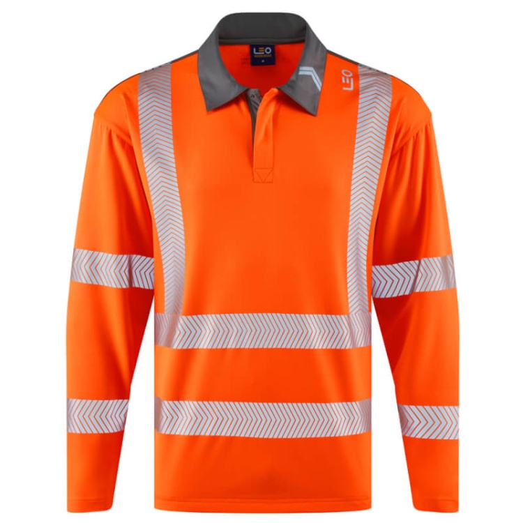 Leo Workwear P13-O-LEO Georgeham EcoViz Coolmax High Performance Sleeved Polo Shirt Orange